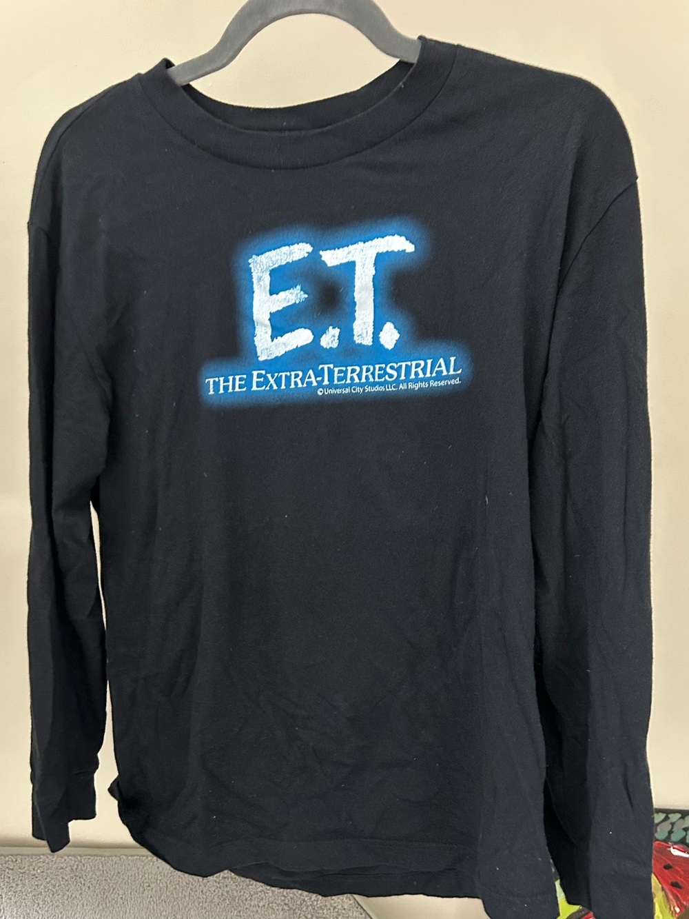 Hollister Black Long-Sleeve E.T. Graphic Tee with Blue Logo, size XS